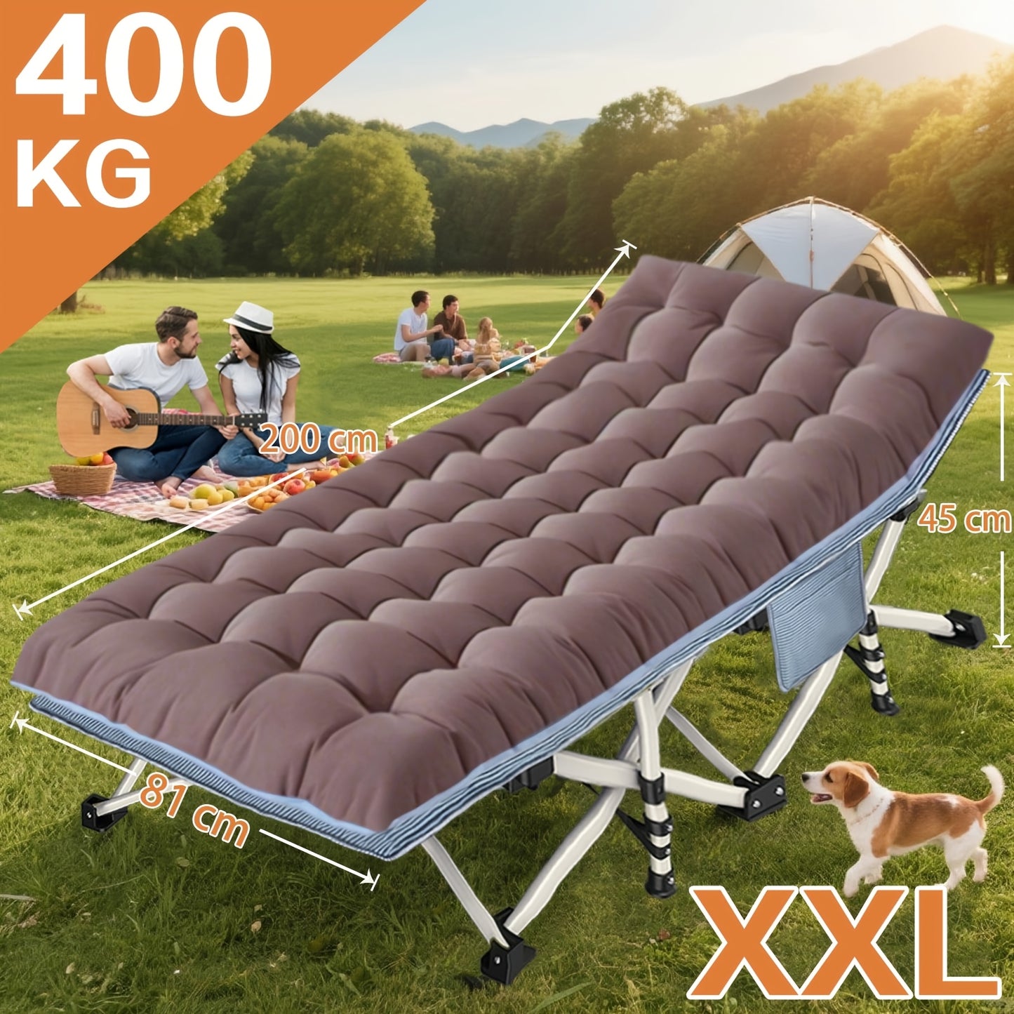 Lit de camping extra large pour adultes, lit de camping avec matelas, lit de couchage extra large et robuste avec sac de transport, lit de couchage pour adultes supportant jusqu'à 400 kg, lits pour dormir, camping, VR, plage, patio, siestes au bureau (ble