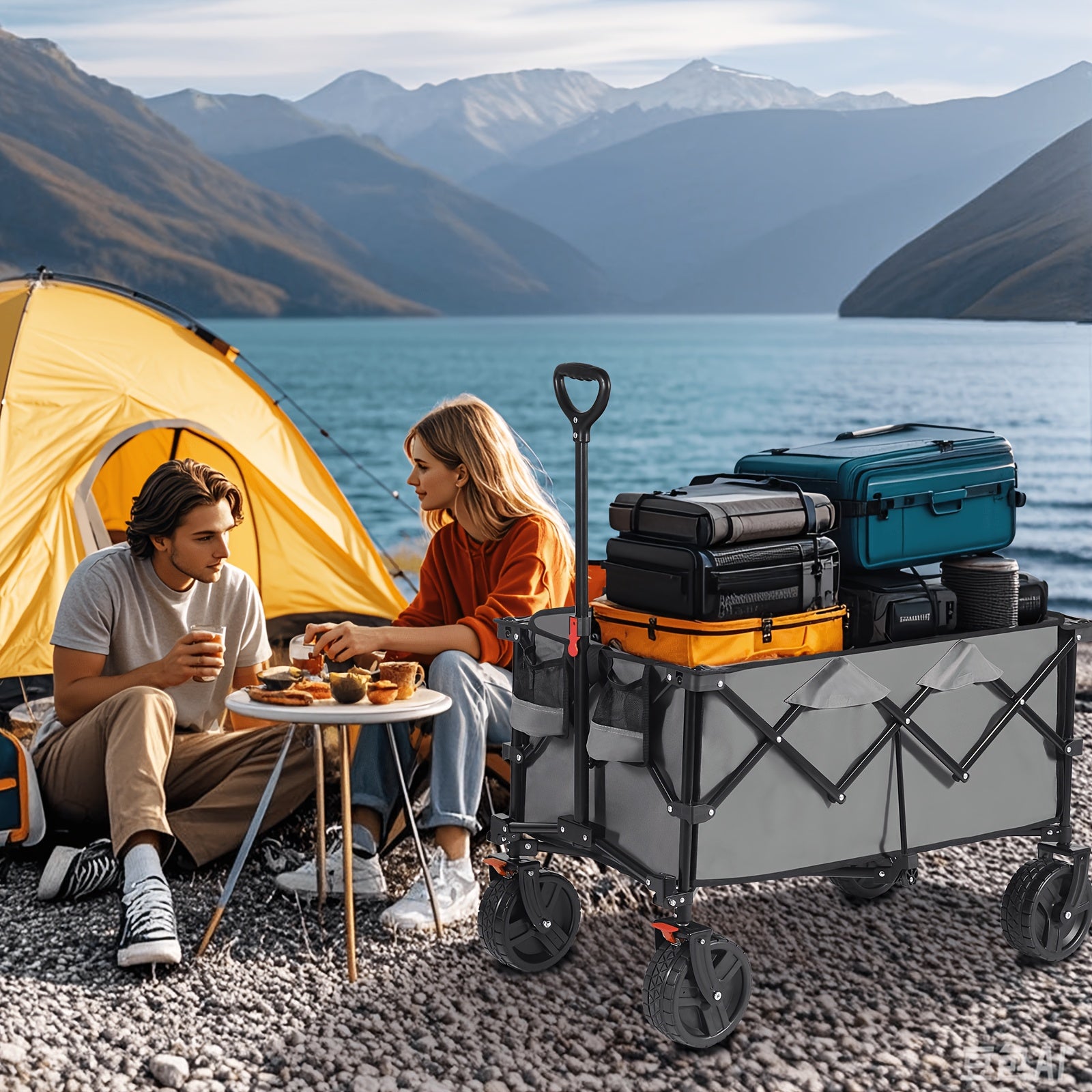 Chariot Pliant Tout-Terrain Robuste 200L/ Capacité 330kg, Roues PU 17x10cm avec Freins, Conception Pliable à 4 Voies Brevetée, Toile Durable Verte/ Bleu-Gris/ Noir/ Anthracite, GS- pour Chantiers/ Camping, Chariot de Transport Professionnel
