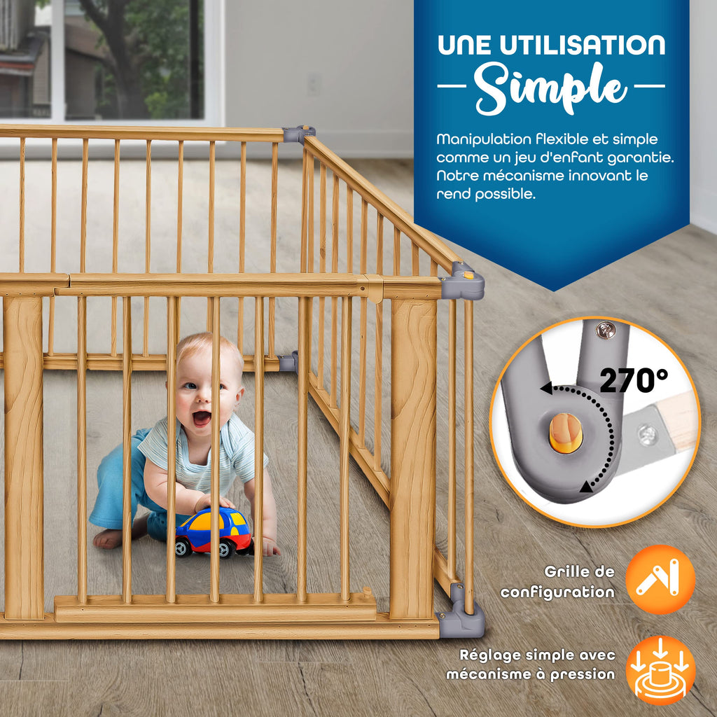 KIDUKU® Parc bébé pliable XXL de 7,2 mètres avec porte | Parc en bois avec double sécurité | Parc pliable pour enfants avec 8 éléments
