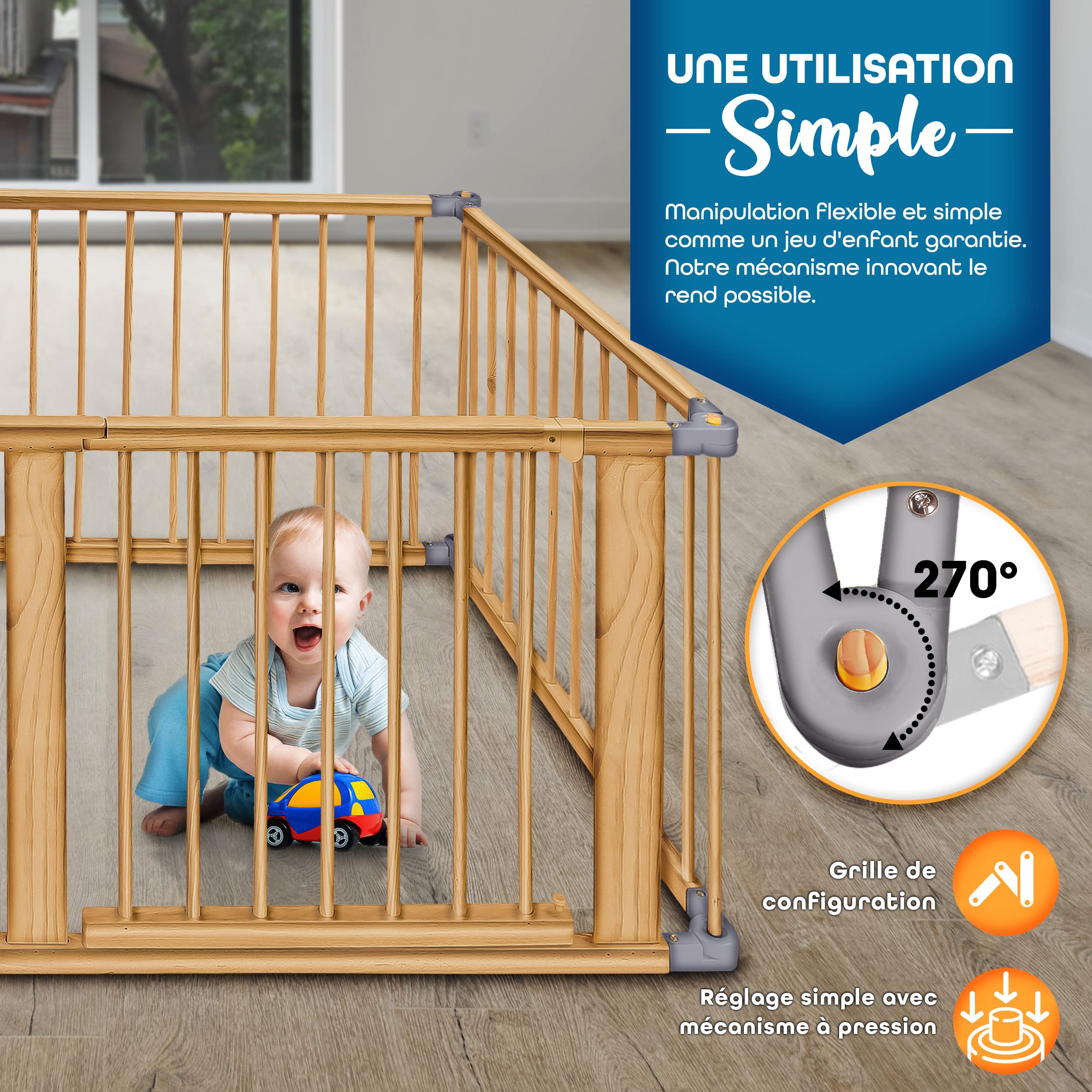 KIDUKU® Parc bébé pliable XXL de 7,2 mètres avec porte | Parc en bois avec double sécurité | Parc pliable pour enfants avec 8 éléments