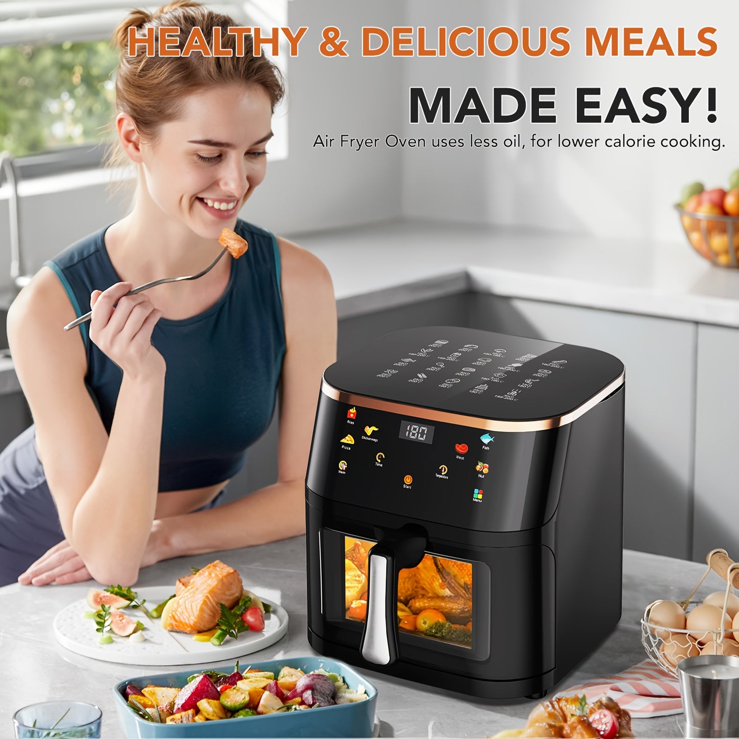 Friteuse à air visible avec fenêtre 10.5L, Technologie à air rapide, 90% moins d'huile, Économie d'énergie, 7 profils prédéfinis, Antiadhésive, Lavable au lave-vaisselle, Affichage numérique, Bouton +1 minute, Puissance 1800W