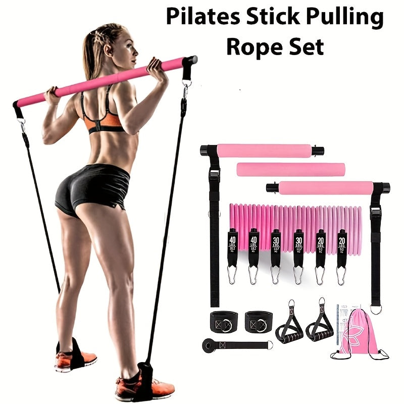 Kit de barre de Pilates multifonctionnel avec bandes de résistance - Boucle d'ajustement en métal robuste, tissu éponge, entraînement complet du corps pour salle de sport à domicile, expandeur de pédale de fitness multifonctionnel - Équipement d'entraînem