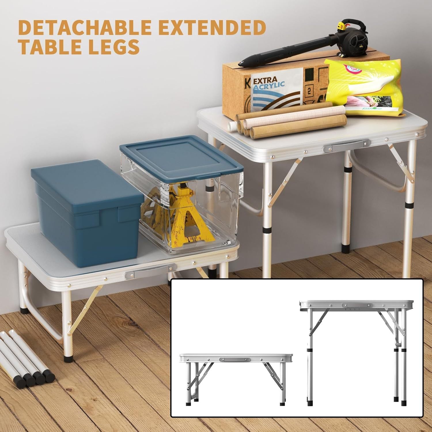 Table pliante 2 pieds robuste à hauteur réglable, table de camping portable avec poignée de transport, pour intérieur extérieur jardin fête BBQ 60x45x26/56 cm en aluminium, bureau BBQ pour cuisine extérieure