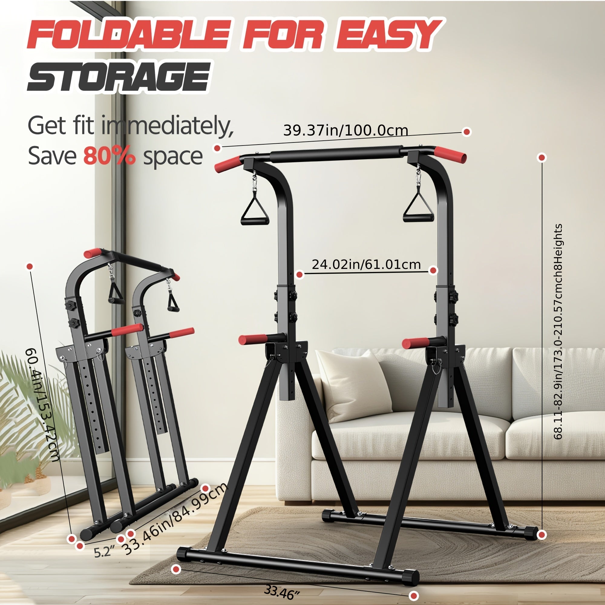 Barre de traction pliable, avec anneaux, hauteur réglable, conçue pour l'entraînement de fitness multifonctionnel, utilisant une structure triangulaire stable, adaptée aux exercices tels que les tractions et les flexions, capacité de charge de 135 kg