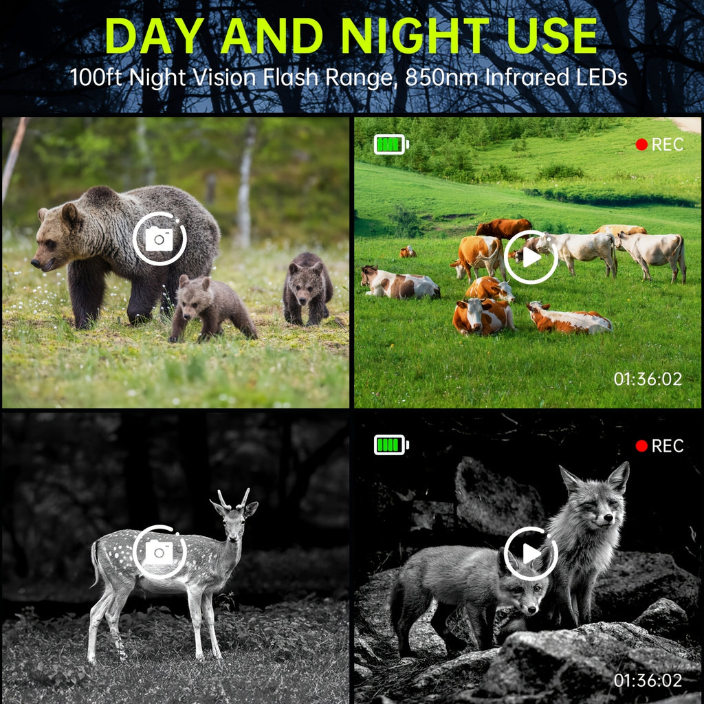 Caméra de Trail WiFi Solaire - Caméra de Chasse Rechargeable avec Batterie Intégrée 5000mAh - Vision Nocturne 4K 64MP pour Surveillance Faune, Inclut Carte Mémoire 64GB