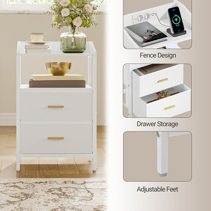 Ensemble de 2 tables de chevet, avec lumières LED et station de charge, table d'appoint avec 2 tiroirs en tissu et étagères, avec ports USB et prises, pour chambre à coucher, salon, blanc