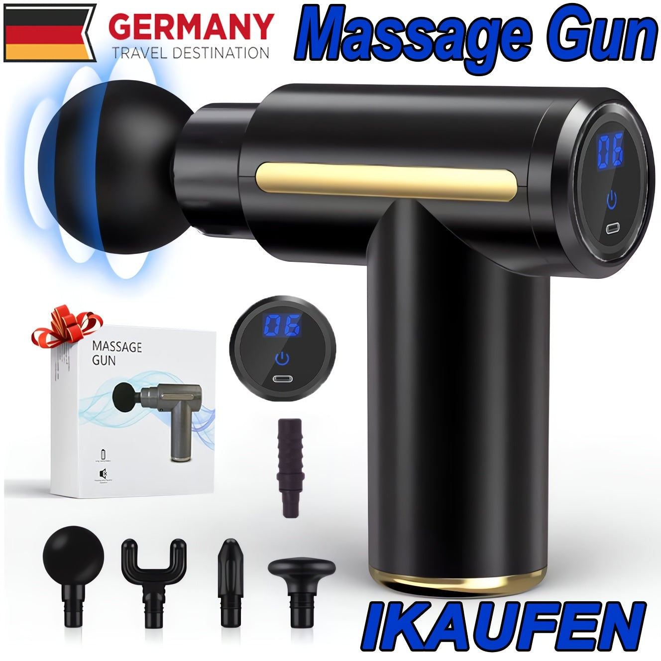 Pistolet de massage 6/38/99 vitesses Tissu profond, Masseur musculaire électrique portatif, Dispositif de massage par percussion pour, Masseur sportif électrique portable super silencieux avec 6 têtes de remplacement