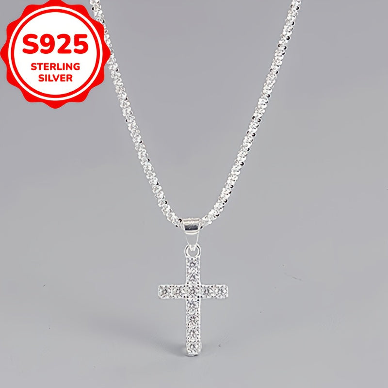 Collier avec pendentif croix argenté Shiny S925, chaîne clavicule minimaliste et tendance de style ethnique pour femmes, met en valeur la personnalité et l'élégance.