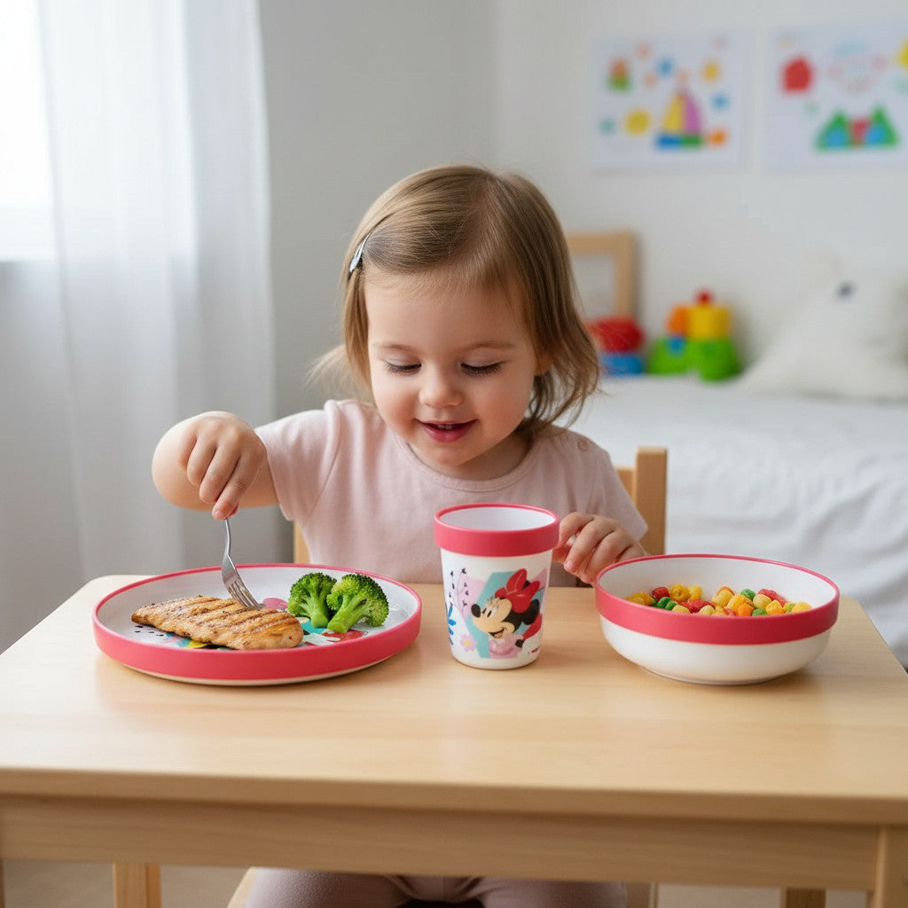 Ensemble de vaisselle réutilisable pour enfants, bicolore – Ensemble de 3 pièces : assiette, bol et tasse pour enfants et bébés avec base antidérapante – (Pour MINNIE MOUSE)