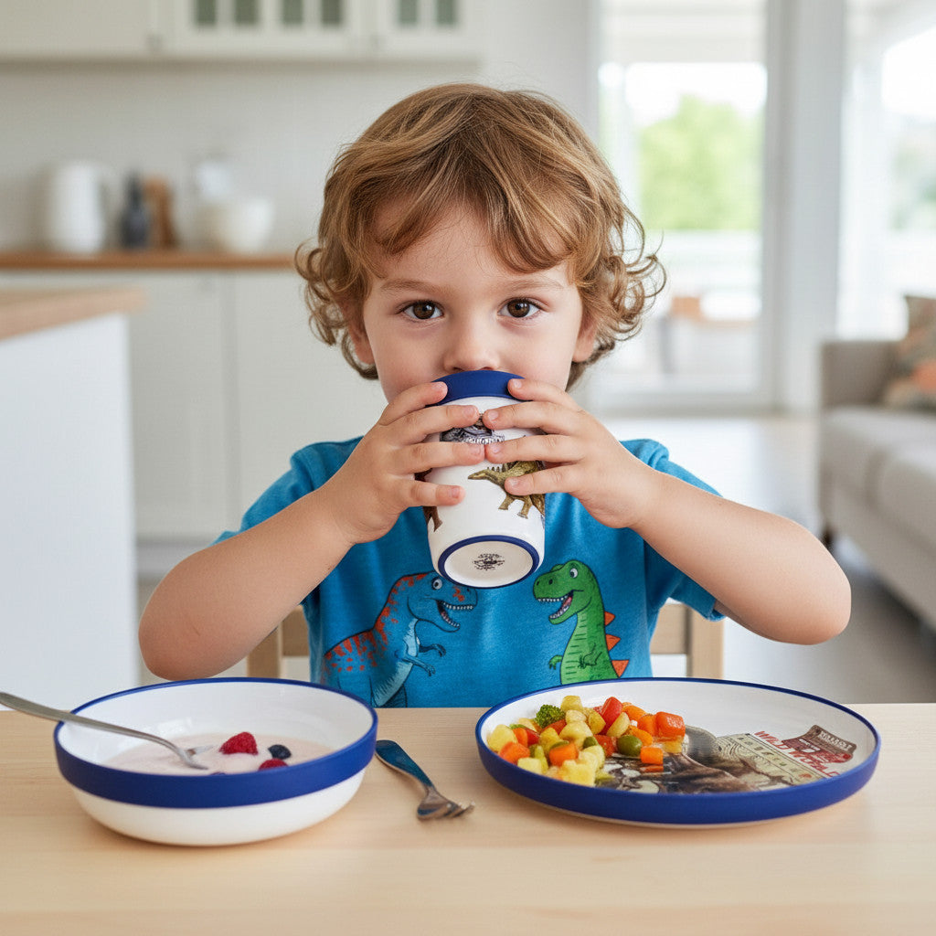 Ensemble de vaisselle réutilisable pour enfants, 2 couleurs - Ensemble de 3 pièces : Assiette, bol et tasse pour enfants et bébés avec base antidérapante - (Pour JURASSIC WORLD)