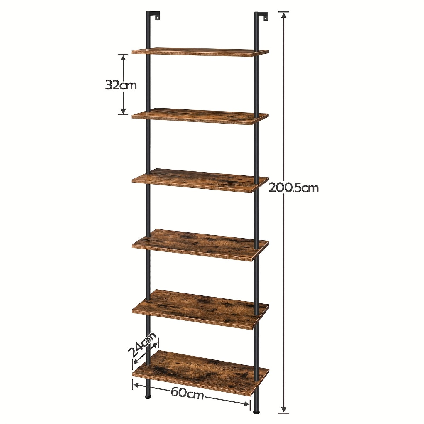 Étagère à 6 niveaux à monter soi-même, Étagère échelle industrielle, Unité d'étagères en panneaux de particules, Étagère verticale sur pied, avec cadre métallique stabilisateur, pour bureau à domicile, salon, Marron foncé