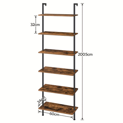 Étagère à 6 niveaux à monter soi-même, Étagère échelle industrielle, Unité d'étagères en panneaux de particules, Étagère verticale sur pied, avec cadre métallique stabilisateur, pour bureau à domicile, salon, Marron foncé