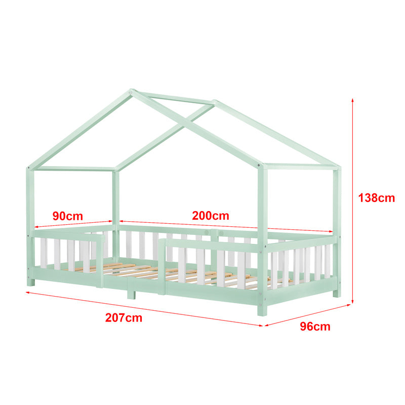 Lit pour enfants Treviolo de style maison avec protection contre les chutes en bois de pin