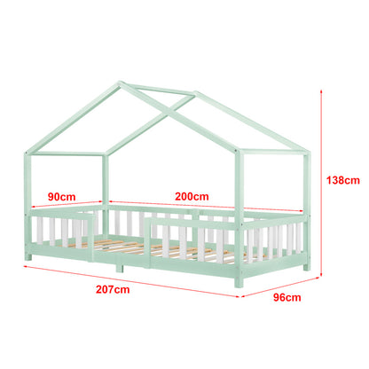 Lit pour enfants Treviolo de style maison avec protection contre les chutes en bois de pin