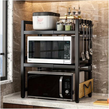 Étagère Micro-ondes Devesanter, Étagère de Cuisson Extensible 3 Niveaux avec 6 Crochets, 3 Porte-Serviettes et 1 Porte-Planche à Découper. Idéale pour Étagères de Cuisine, Étagères à Épices et Rangement de Micro-ondes. Noir. S'étend de 40 cm à 64 cm