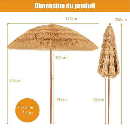 Parasol de Plage 200 cm, Parapluie Hawaïen Protection Solaire, Parapluie en Raphia, Pliable, Balcon, Jaune Paille