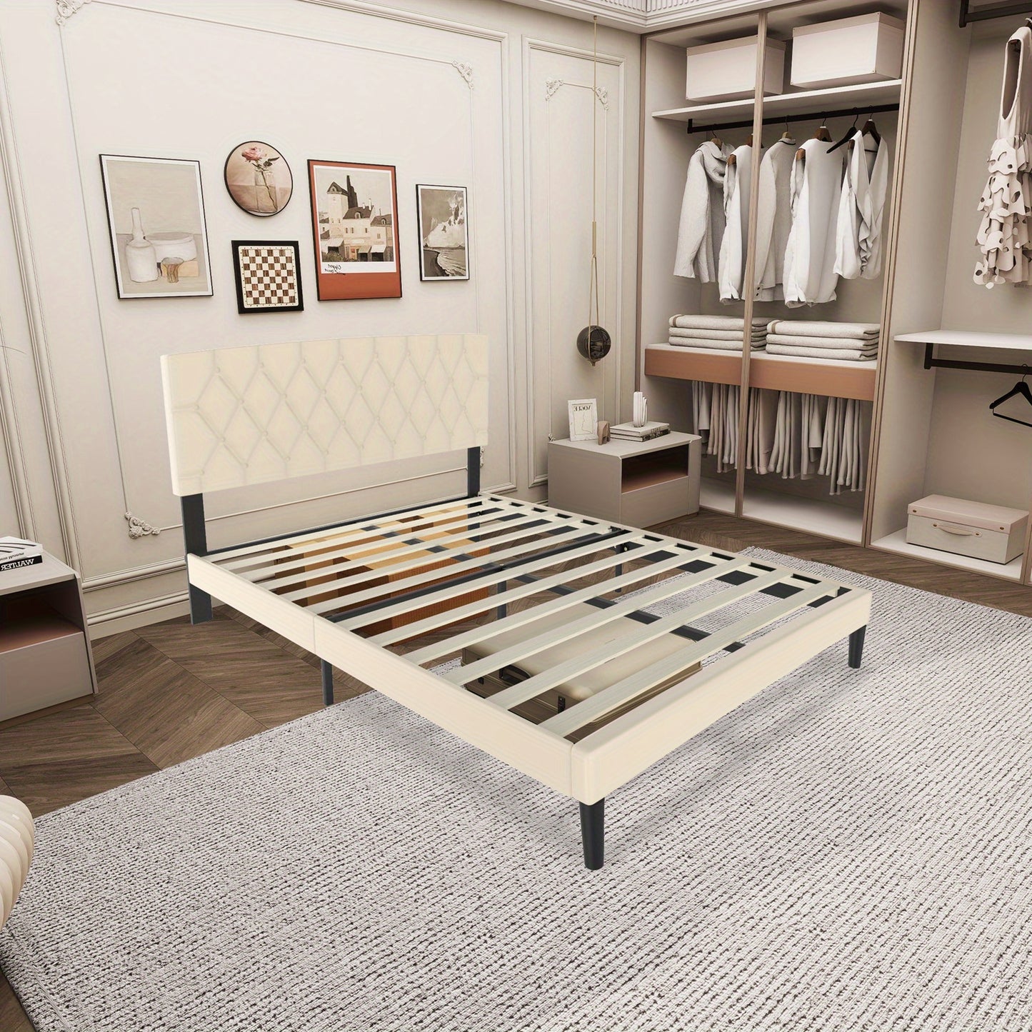 Lit de 90/140/160 x 200 cm en Similicuir avec Tête de Lit et Plateforme, Cadre de Lit Matelassé Beige pour Chambre à Coucher