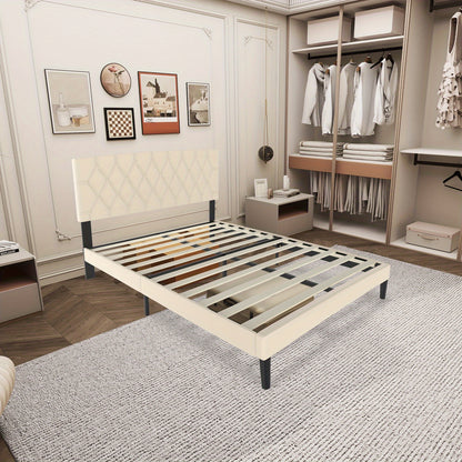 Lit de 90/140/160 x 200 cm en Similicuir avec Tête de Lit et Plateforme, Cadre de Lit Matelassé Beige pour Chambre à Coucher