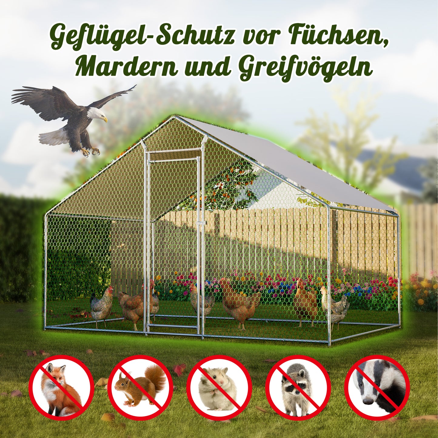 Poulailler 3X2M Cage à Poulets Enclos Extérieur pour l'Élevage en Liberté, Enclos Extérieur avec Serrure de Sécurité, Filet Revêtu et Toit en PE, Enclos pour Poulets, Canards, Lapins et Autres Petits Animaux.