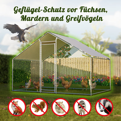 Poulailler 3X2M Cage à Poulets Enclos Extérieur pour l'Élevage en Liberté, Enclos Extérieur avec Serrure de Sécurité, Filet Revêtu et Toit en PE, Enclos pour Poulets, Canards, Lapins et Autres Petits Animaux.