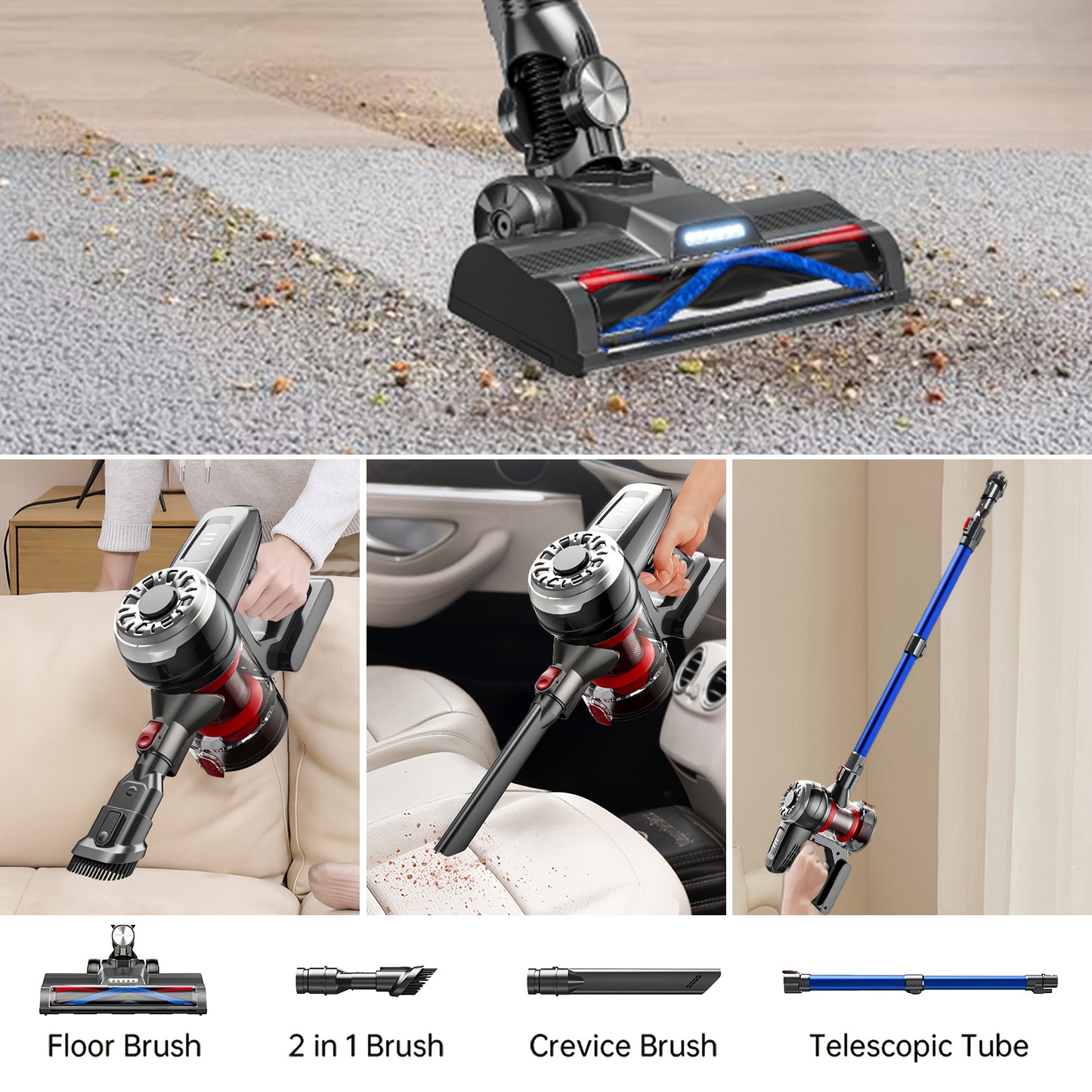 Aspirateur sans fil XINSHE A7 pour usage domestique, autonomie de 40 minutes, batterie amovible, grand bac à poussière de 1,2 L, tube télescopique, pour parquets/tapis/poils d'animaux et nettoyage intérieur de voiture