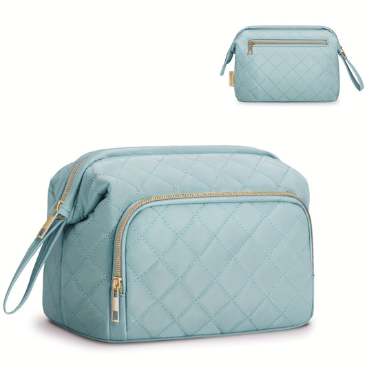 Sac à Maquillage Élégant Matelassé pour Femmes - Grand Organisateur de Cosmétiques à Ouverture Large avec Deux Compartiments (Poche Avant + Poche Arrière Zippée), Trousse de Toilette Spacieuse avec Poignée Solide - Polyester Facile à Nettoyer pour Pinceau