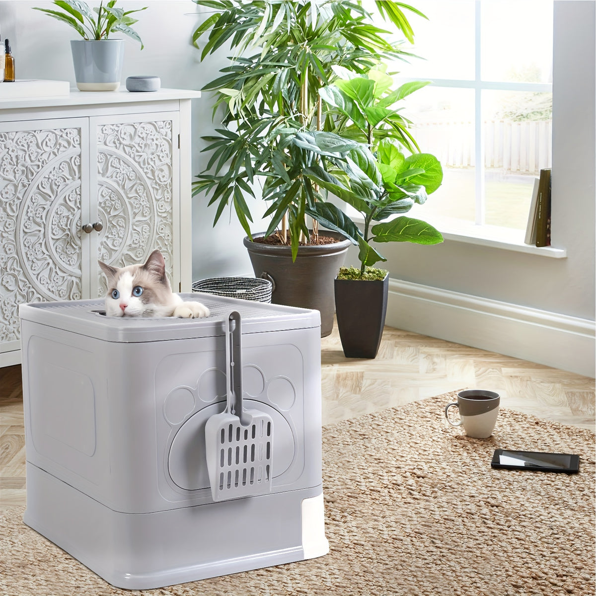 Bac à litière fermé, Gris + Blanc pour animaux et maison – vue détaillée 14