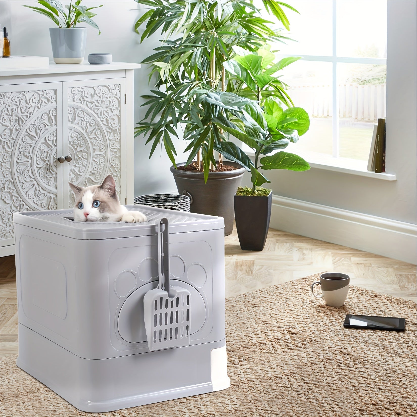 Bac à litière fermé, Gris + Blanc pour animaux et maison – vue détaillée 14