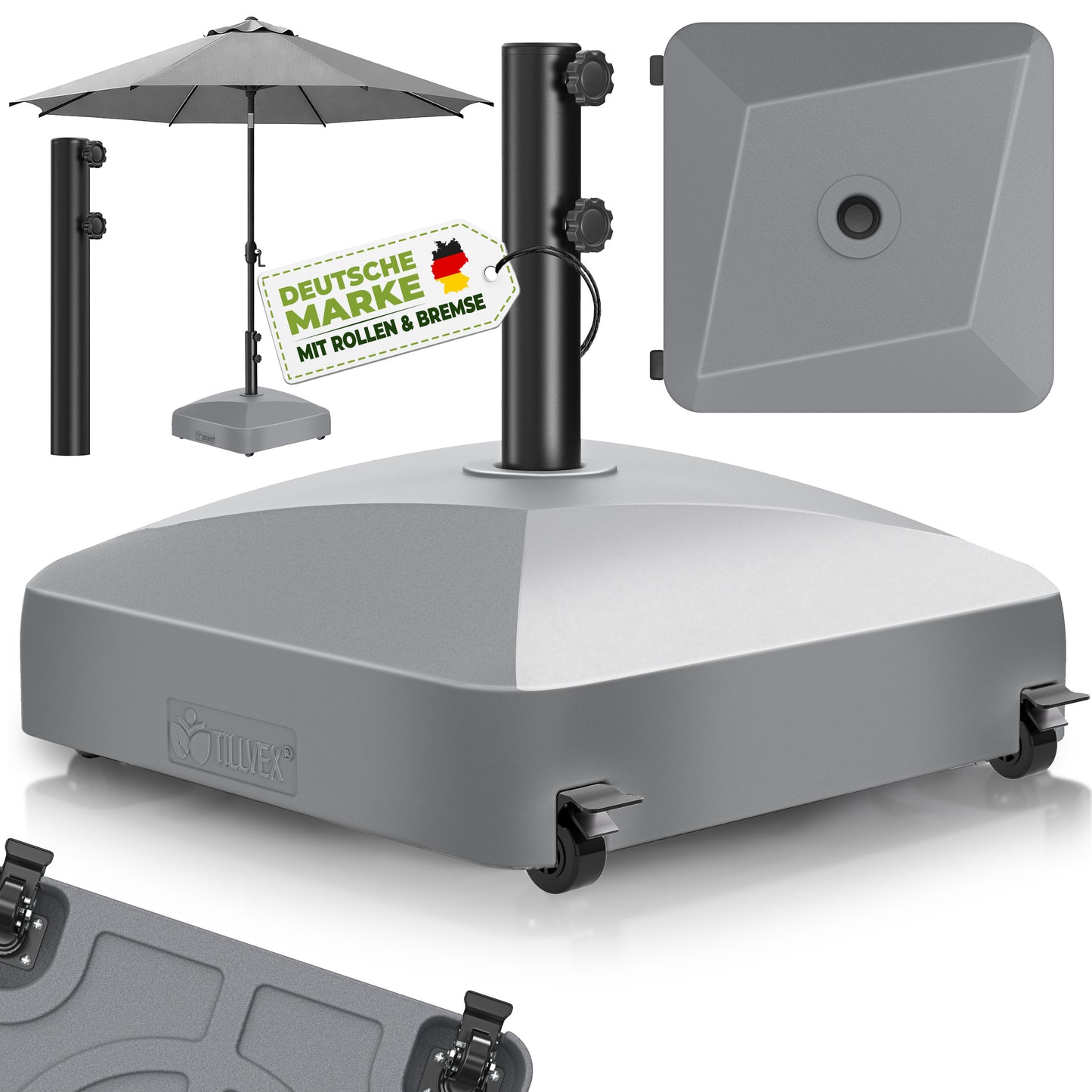 Tillvex® Support de Parasol GRAVIA avec Roues et Freins | Support de Parasol Remplissable 37 Litres / 56 kg | Adapté aux Parasols de Soleil et de Marché Ø 1,8-3,7 m | Roulable, Résistant aux Intempéries et aux UV pour Balcon, Terrasse, Jardin, Petits et G