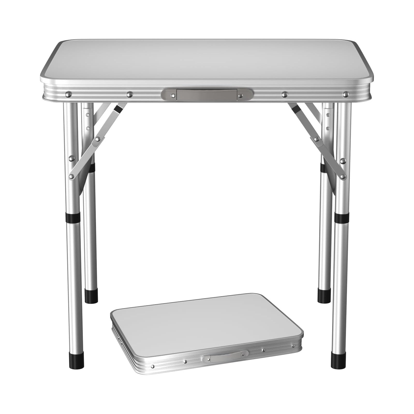 Table pliante 2 pieds robuste à hauteur réglable, table de camping portable avec poignée de transport, pour intérieur extérieur jardin fête BBQ 60x45x26/56 cm en aluminium, bureau BBQ pour cuisine extérieure