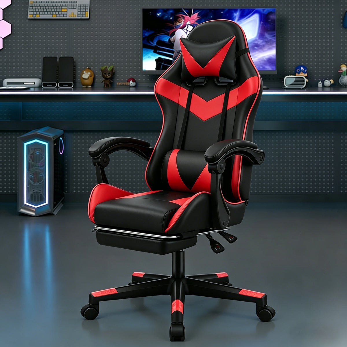 Chaise de Gaming Ergonomique avec Repose-Pieds - Pivotante à 360°, Réglable en Hauteur, Support Lombaire, Mécanisme d'Inclinaison Manuelle, Texture Simili, Rembourrage en Mousse et Cadre en Acier Inoxydable - Pour PC/Bureau
