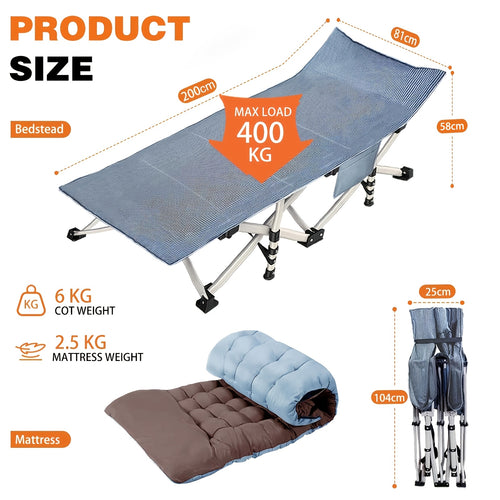 Lit de camping pliant XXXL avec matelas épais - Cadre de lit d'extérieur portable robuste, 190 cm x 68 cm x 35 cm - 200 cm x 81 cm x 45 cm, grande taille pour le camping, la chasse, la plage, le jardin, le camping-car, la cour - Idéal pour les adultes et