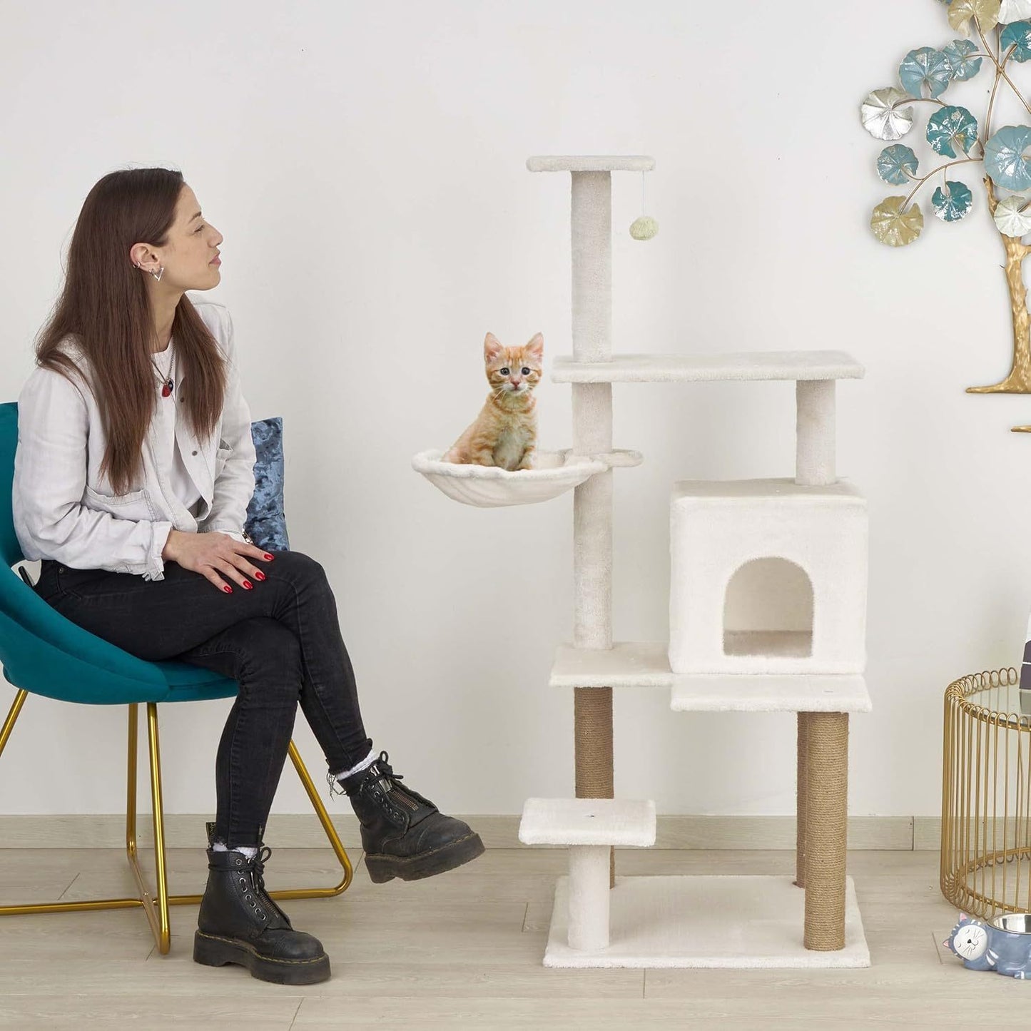 Baroni arbre à gratter pour chat en couleur marron | crème | gris 75X22X49 pouces (ou 75X55X49 pouces), arbre à gratter pour chaton, 4 niveaux avec hamac à balle et lit rectangulaire, jouet interactif pour chats et chatons pour une utilisation en intérieu