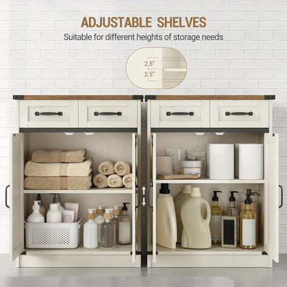 Armoire de Salle de Bain, Armoire avec 2 Tiroirs et 2 Portes, Meuble de Cuisine, Étagère Réglable, Style Maison de Campagne, Salon, 30 x 60 x 80 cm, Marron Blanc Vintage