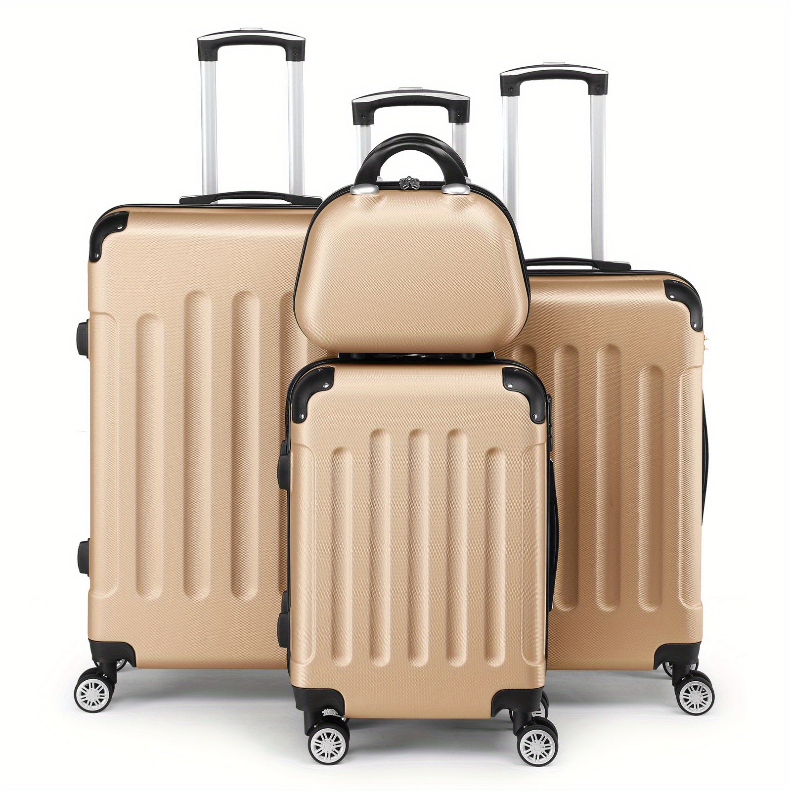 Un ensemble élégant de valises ABS à rayures verticales, conception quatre-en-un avec poignées et roues universelles. Disponible en tailles 20In, 24In, 28In et avec un étui de transport de 12In, doté de tiges de traction dorées en aluminium ABS dans une p
