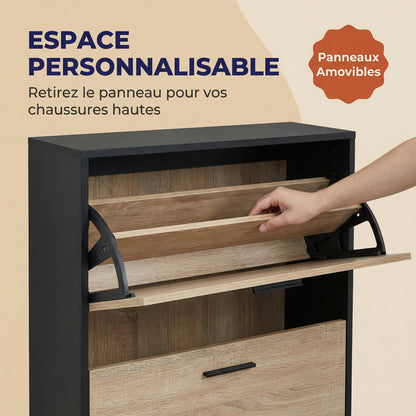 Meuble à chaussures avec 4 compartiments à rabat, armoire à chaussures en bois pour jusqu'à 24 paires, organisateur d'entrée peu encombrant