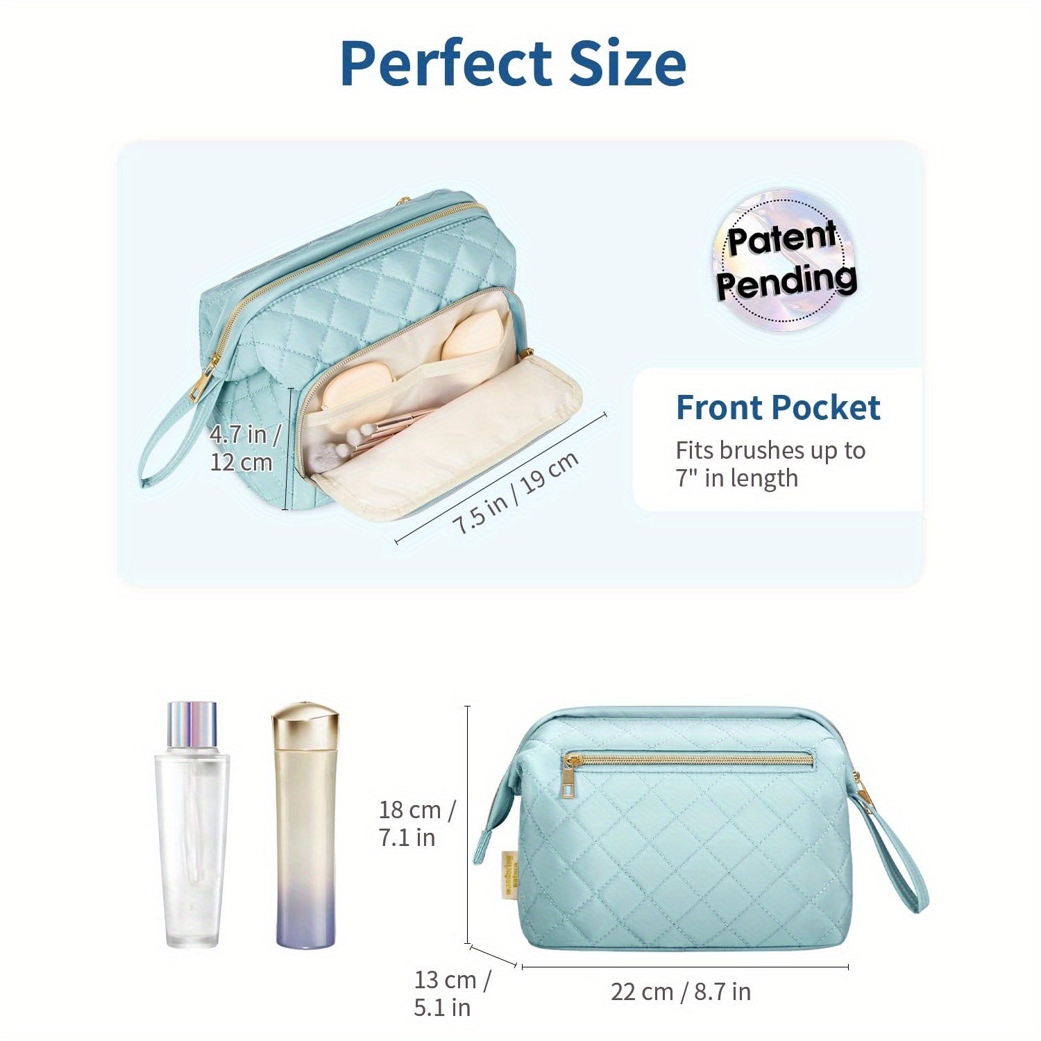 Sac à Maquillage Élégant Matelassé pour Femmes - Grand Organisateur de Cosmétiques à Ouverture Large avec Deux Compartiments (Poche Avant + Poche Arrière Zippée), Trousse de Toilette Spacieuse avec Poignée Solide - Polyester Facile à Nettoyer pour Pinceau