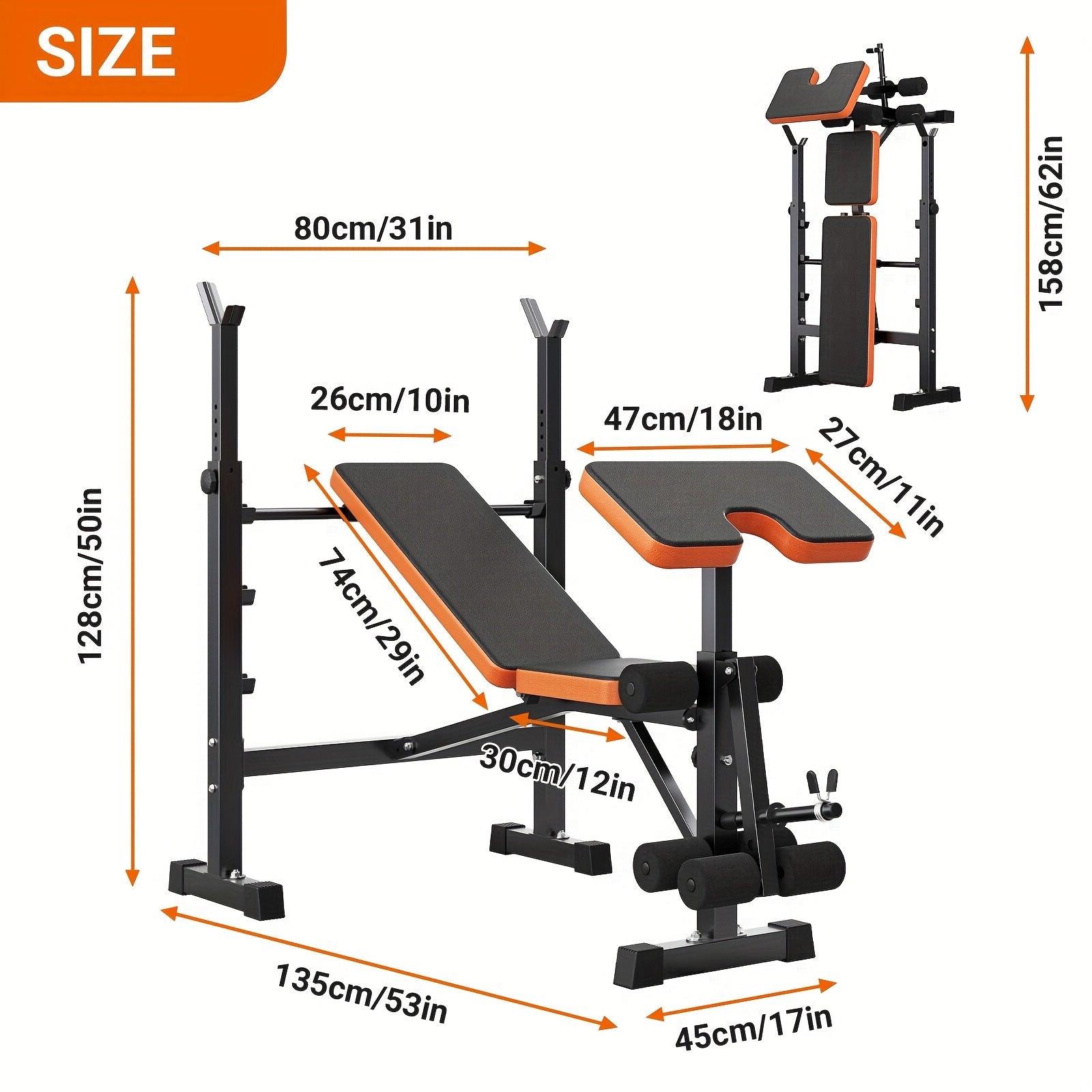Ensemble de banc de musculation à poids réglable pesant 272.16 KG, comprenant un support de squat, un banc d'entraînement avec développeur de jambes et un preacher curl, conçu pour une utilisation en salle de sport à domicile en noir et orange