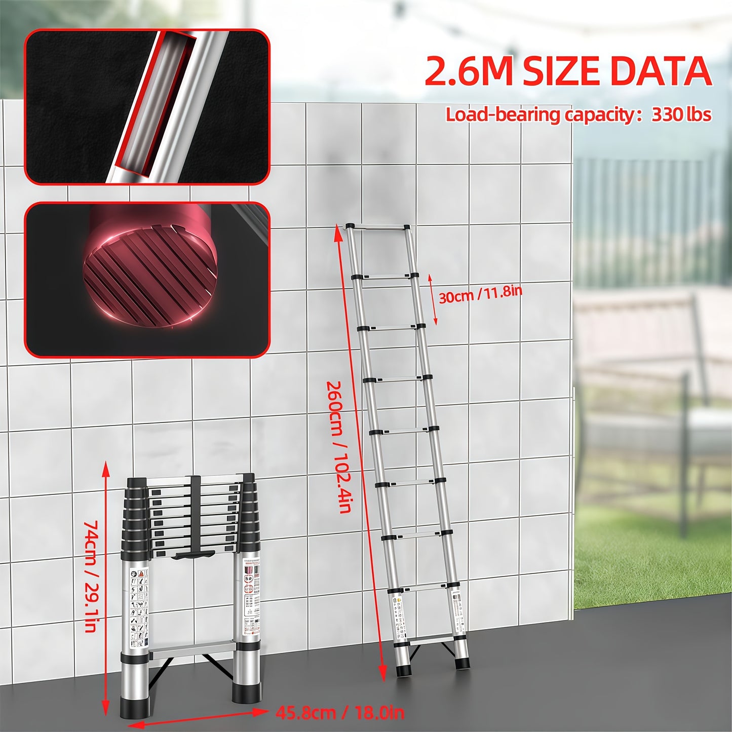 Échelle télescopique pliante en acier inoxydable de 150 kg, 4,4 m 3,8 m 3,2 m 2,6 m, échelle de sécurité portable, convient pour échelle de rénovation pour la maison, échelle à marche pliable, échelle portable, accès à la taille de jardin, échelle à march
