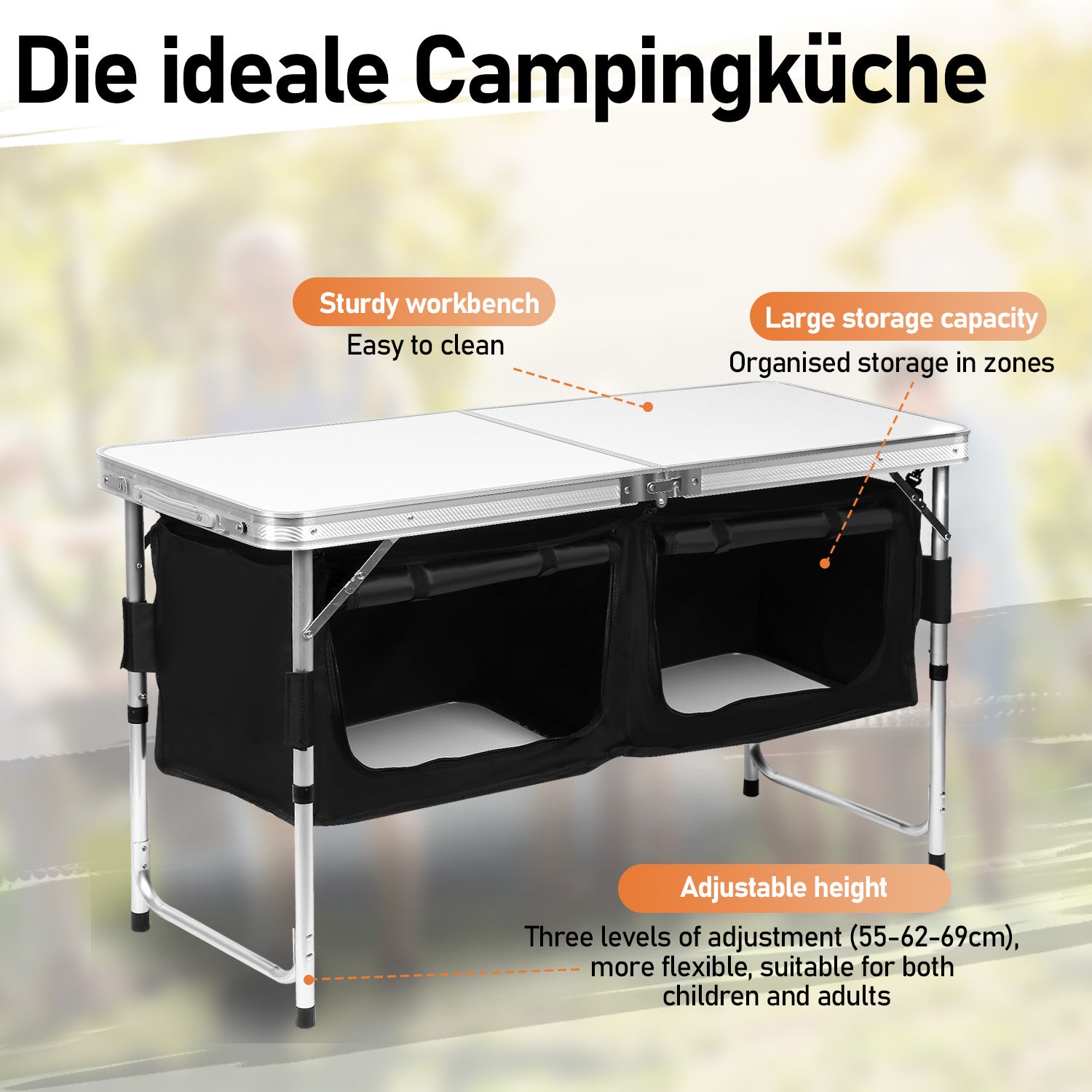 Cuisine de camping pliable avec rangement | Armoire de camping légère pour auvents et voyages | 2 tables/3 tables