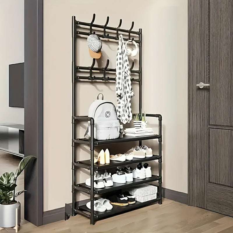 Porte-chaussures de Rangement - Porte-manteau Gain de Place, Porte-chaussures à 5 Niveaux avec 8 Crochets, Structure Robuste en Métal/Plastique Doré, Conception Autoportante ou Murale pour Maison, Bureau et Magasin - Convient pour Ranger Chaussures, Mante