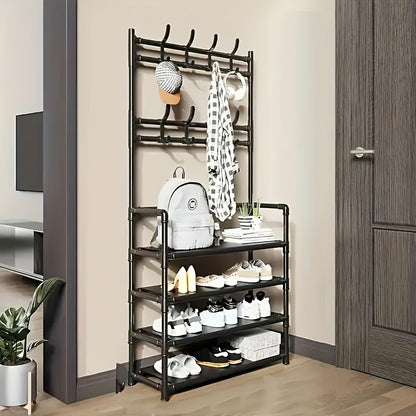 Porte-chaussures de Rangement - Porte-manteau Gain de Place, Porte-chaussures à 5 Niveaux avec 8 Crochets, Structure Robuste en Métal/Plastique Doré, Conception Autoportante ou Murale pour Maison, Bureau et Magasin - Convient pour Ranger Chaussures, Mante