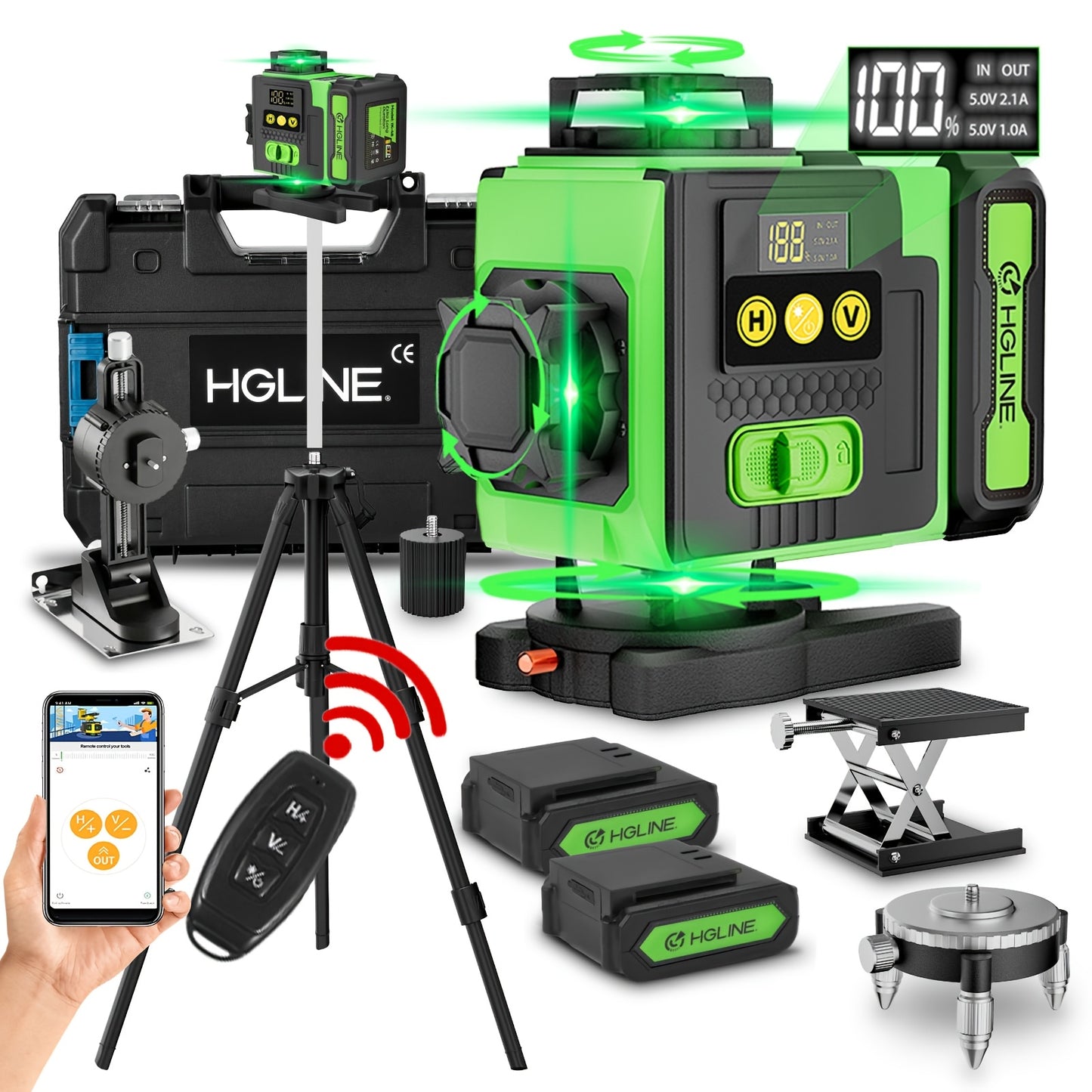 1 Ensemble Niveau Laser 16 Lignes 360 Nivellement Automatique, Outil de Niveau Laser à Ligne Croisée Verte 4X360° pour la Construction et la Suspension de Tableaux, Niveau Laser 4D avec 2 Batteries Rechargeables