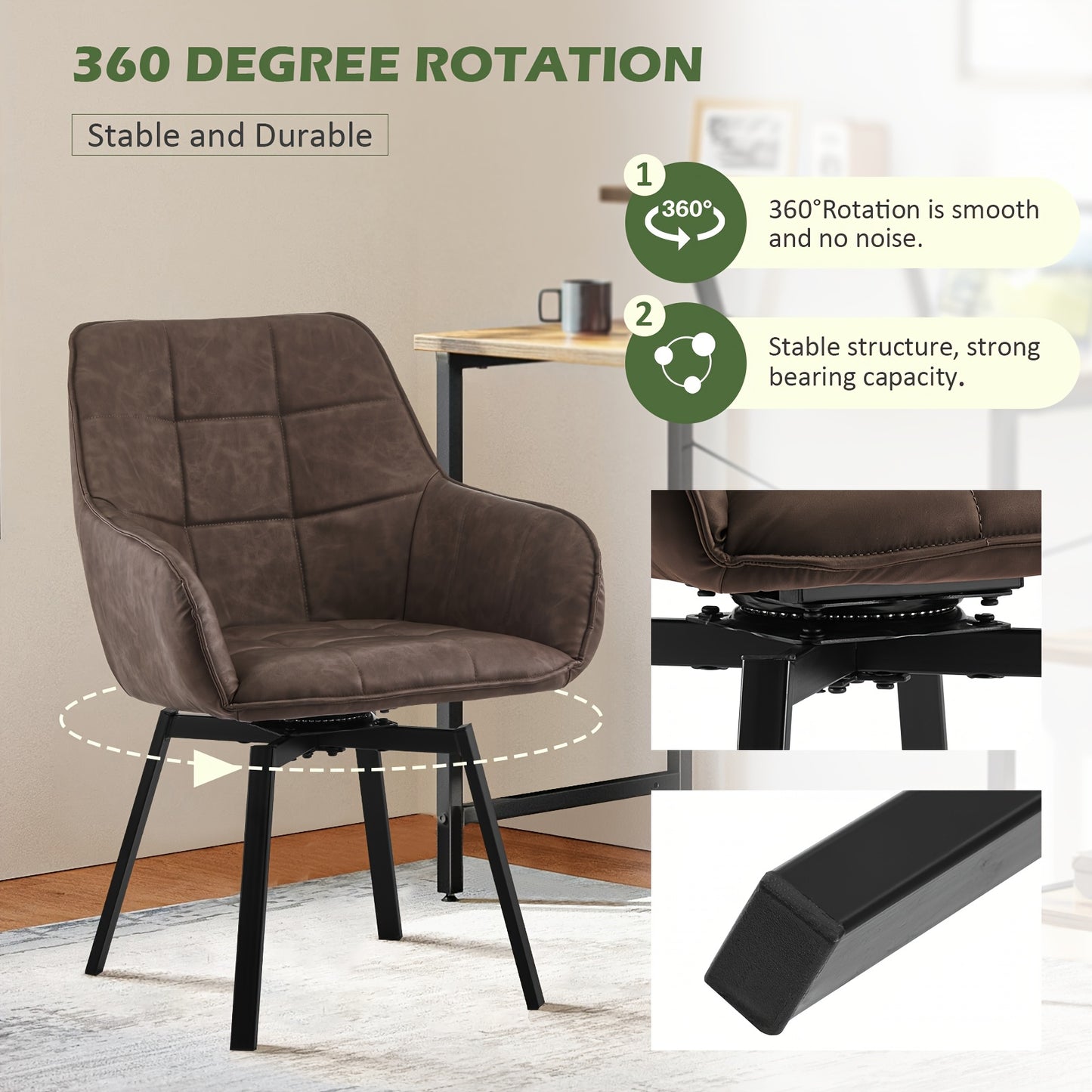 Lot de 2 chaises de salle à manger, fauteuils pivotants à accoudoirs en simili cuir avec assise rembourrée épaisse et pieds en métal, fauteuils de détente rotatifs pour la maison, la cuisine, la réception de bureau, le restaurant