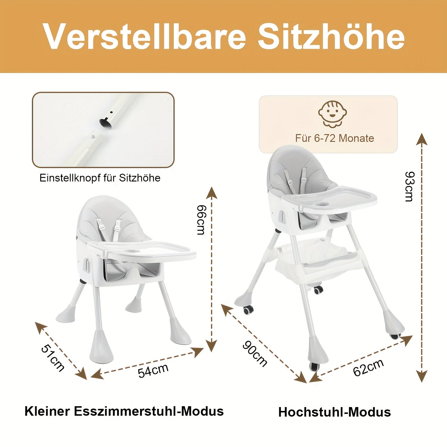 Chaise Haute Bébé 3-en-1 Hauteur Réglable 3 Positions d'Inclinaison Siège à Bascule Convertible Chaise Haute Portable Chaise à Bascule Pliable Chaises de Repas pour Bébé avec Plateau Amovible