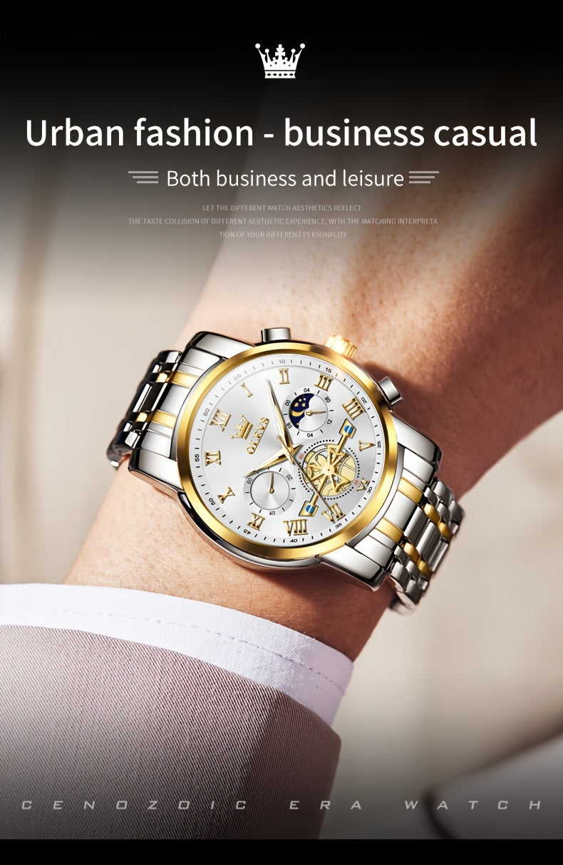 Montres pour Hommes OLEVS Montre à Quartz de Luxe avec Bracelet en Acier Inoxydable, Numéros Romains et Phases Lunaires Lumineuses, Classique Élégante, Cadeaux Romantiques de Noël, Relojes de Hombre Bleu/Noir/Blanche/Cadran Doré