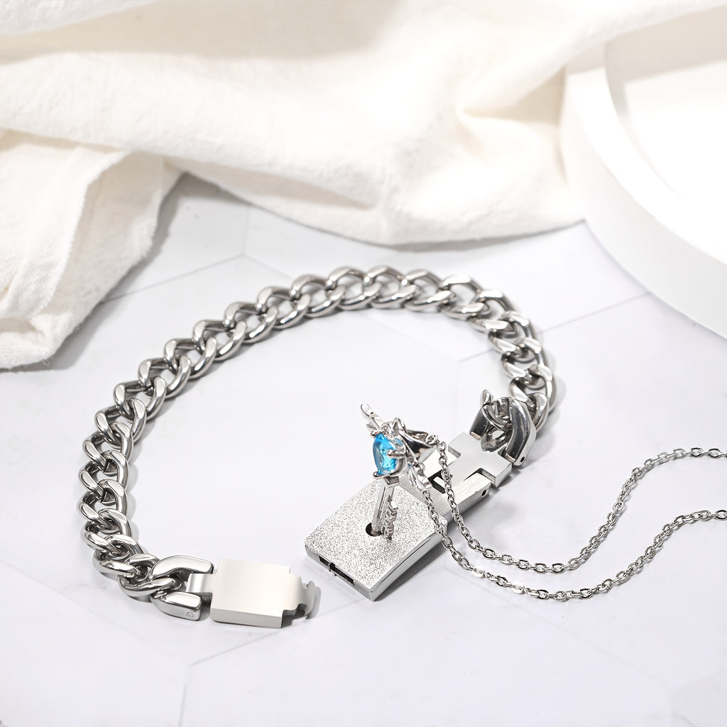 Bijoux assortis pour couple : Collier clé à ailes en forme de cœur pour femme, Bracelet cadenas cubain pour homme - Collier bracelet robuste en acier inoxydable