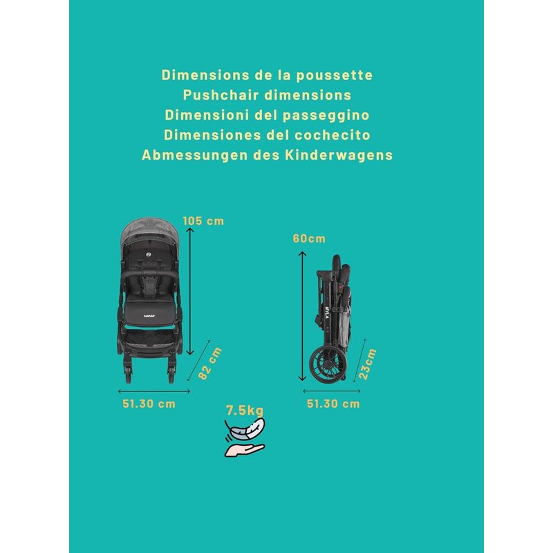 Myla, poussette canne compacte, 0 à 4 ans (22kg max), légère (7,5 kg), poussette citadine, inclinable d’une main en position allongée, grand panier de rangement, avec trolley de transport