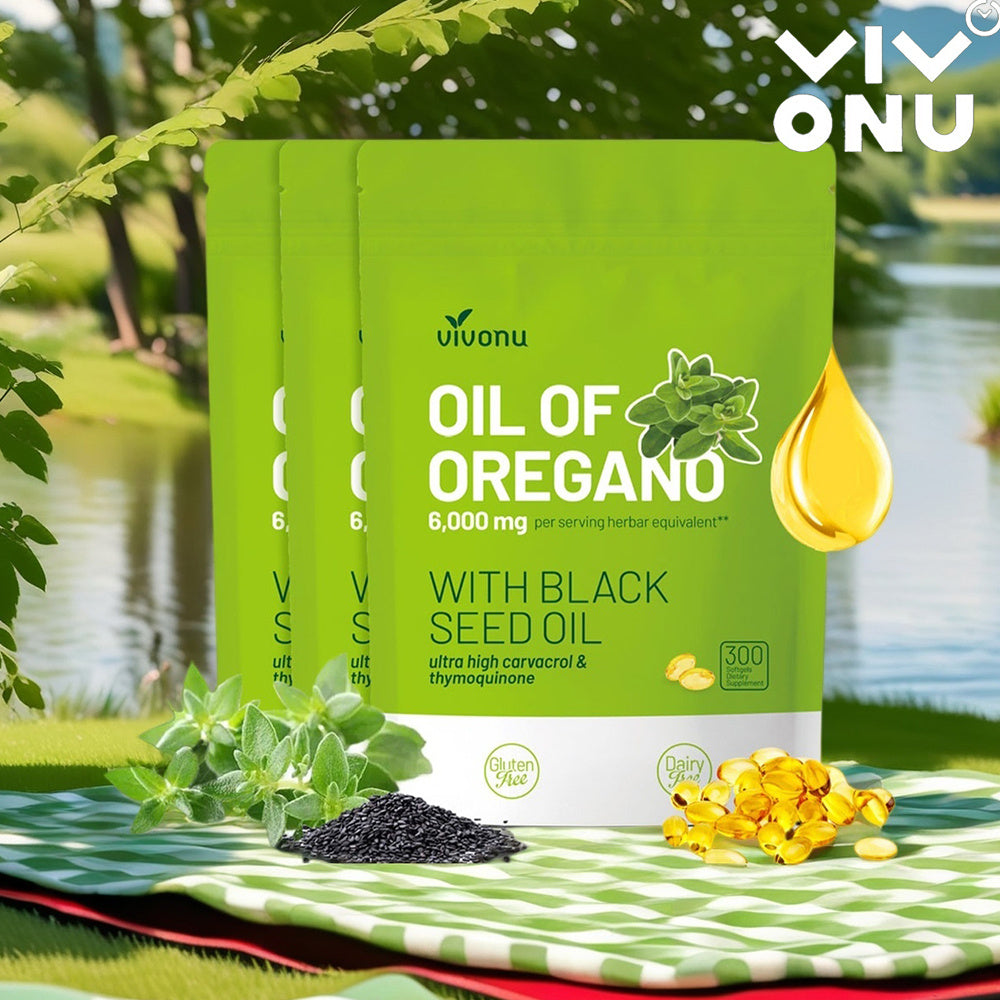 VIVONU Huile d'origan plus huile de graine noire, huile d'origan équilibrée en capsules, gélules d'huile d'origan, carbophénol, thyquinone