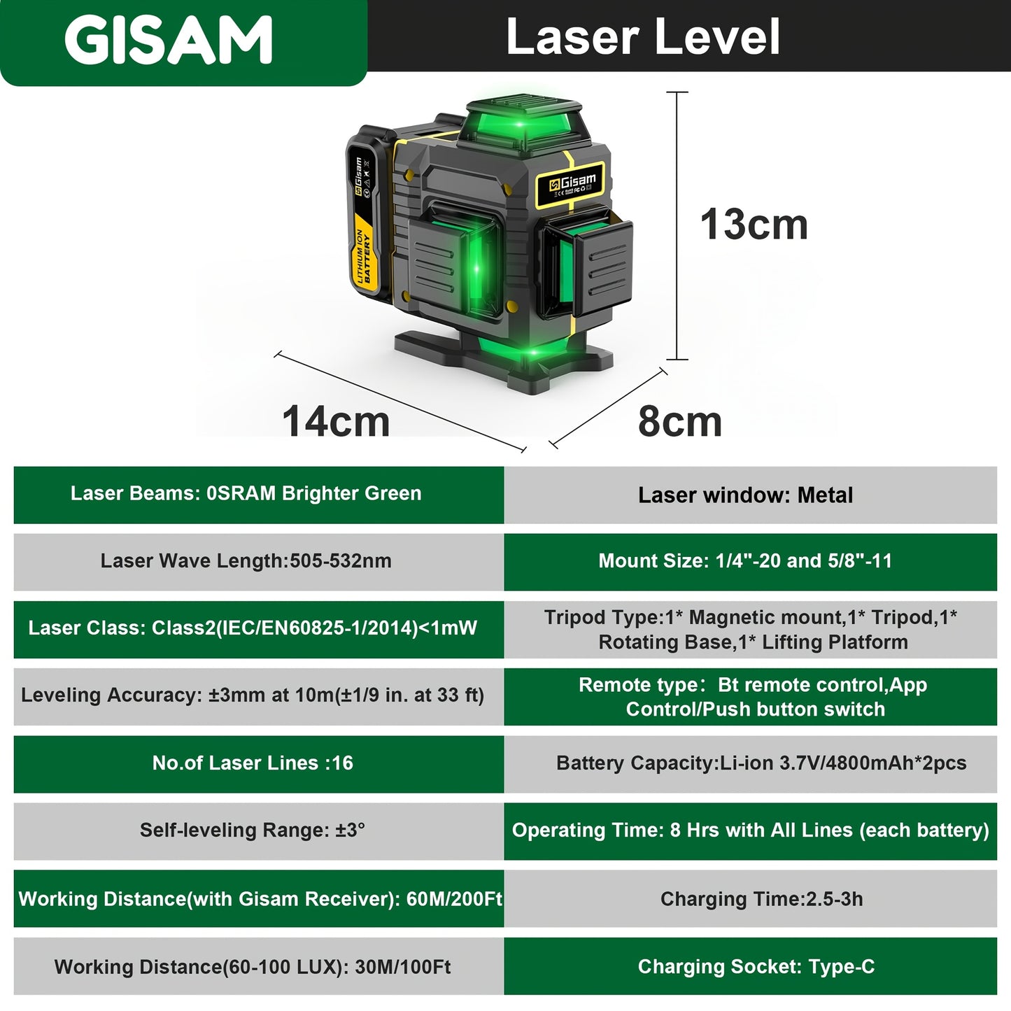 Niveau Laser 4D 16 Lignes Croisées, Auto-Nivellement à 360°, avec 2 Batteries 4800mAh, Plateforme, Support Magnétique, Boîte de Transport, Idéal pour Rénovation Maison, Pose de Carrelage, Projets de Construction, Cadeaux de Fêtes, etc